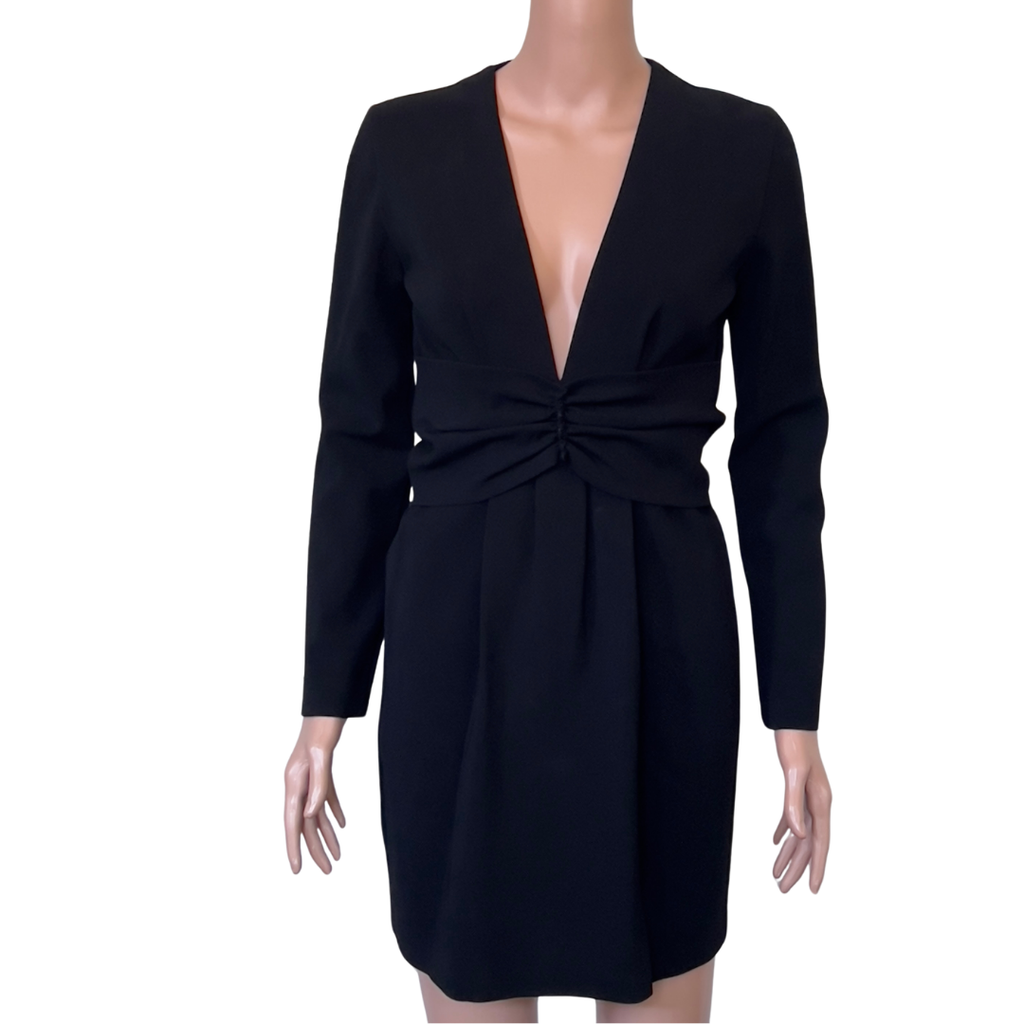 Prada Black Deep V-Neck Ruched Long Sleeve Dress