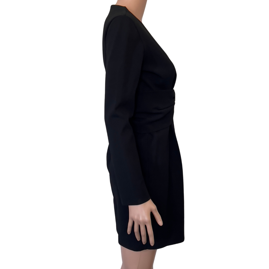 Prada Black Deep V-Neck Ruched Long Sleeve Dress