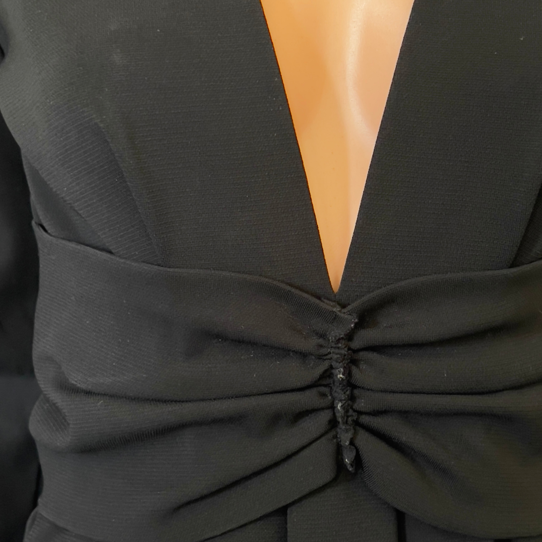 Prada Black Deep V-Neck Ruched Long Sleeve Dress