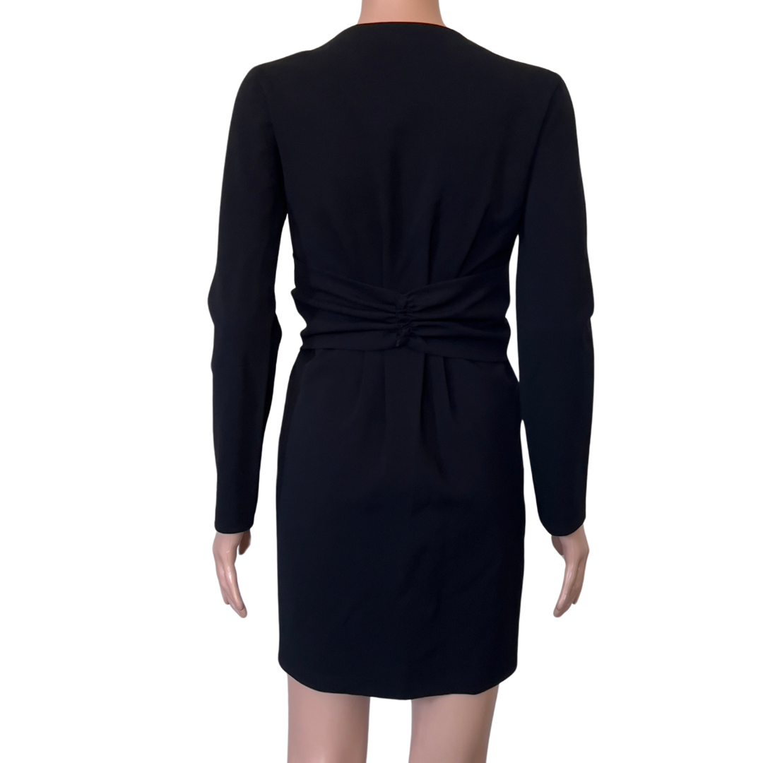 Prada Black Deep V-Neck Ruched Long Sleeve Dress